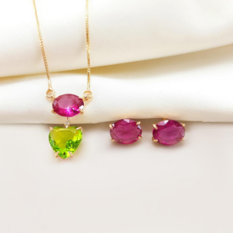 Conjunto de Brinco e Colar com Zircônias Coloridas - Elegância e Sofisticação Banhado a Ouro 18K