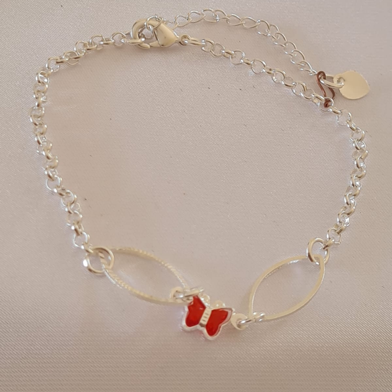 Pulseira Borboleta Vermelha Banhada em Prata