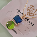 Conjunto de Brinco e Colar com Pedras Coloridas – Azul e Verde, Banhado a Ouro 18K