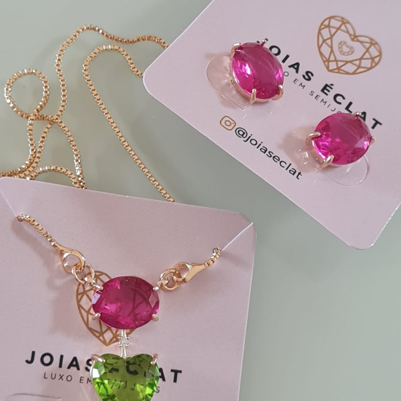 Conjunto de Brinco e Colar com Zircônias Coloridas - Elegância e Sofisticação Banhado a Ouro 18K