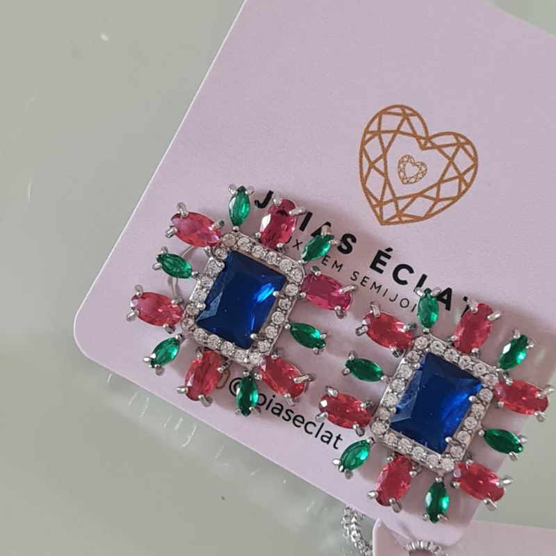 Conjunto de Brinco e Colar com Pedras Multicoloridas – Elegância e Modernidade, Banhado Ródio Branco