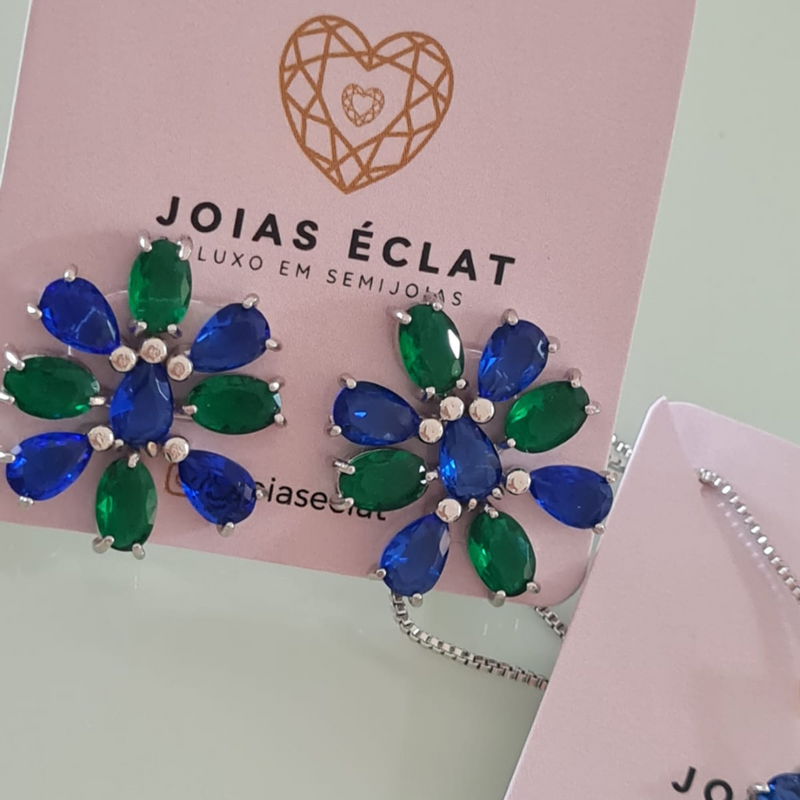 Conjunto de Joias Florais com Pedras Verdes e Azuis - Banhado em Ródio Branco