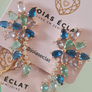 Conjunto Flor Azul e Verde com Colar e Brincos Banhados a Ouro 18K