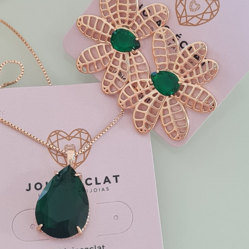 Conjunto Harmonia Verde - Sofisticação e Delicadeza, Banhado a Ouro 18K