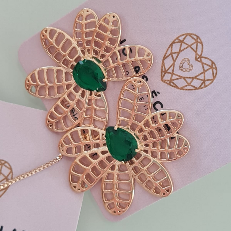 Conjunto Floral Verde -  Banhados a Ouro 18K