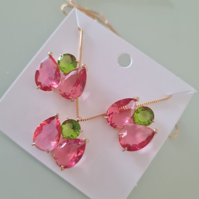 Conjunto Elegância Rosa e Verde Banhado a Ouro 18K