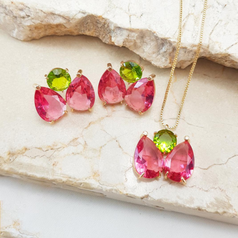 Conjunto Elegância Rosa e Verde Banhado a Ouro 18K
