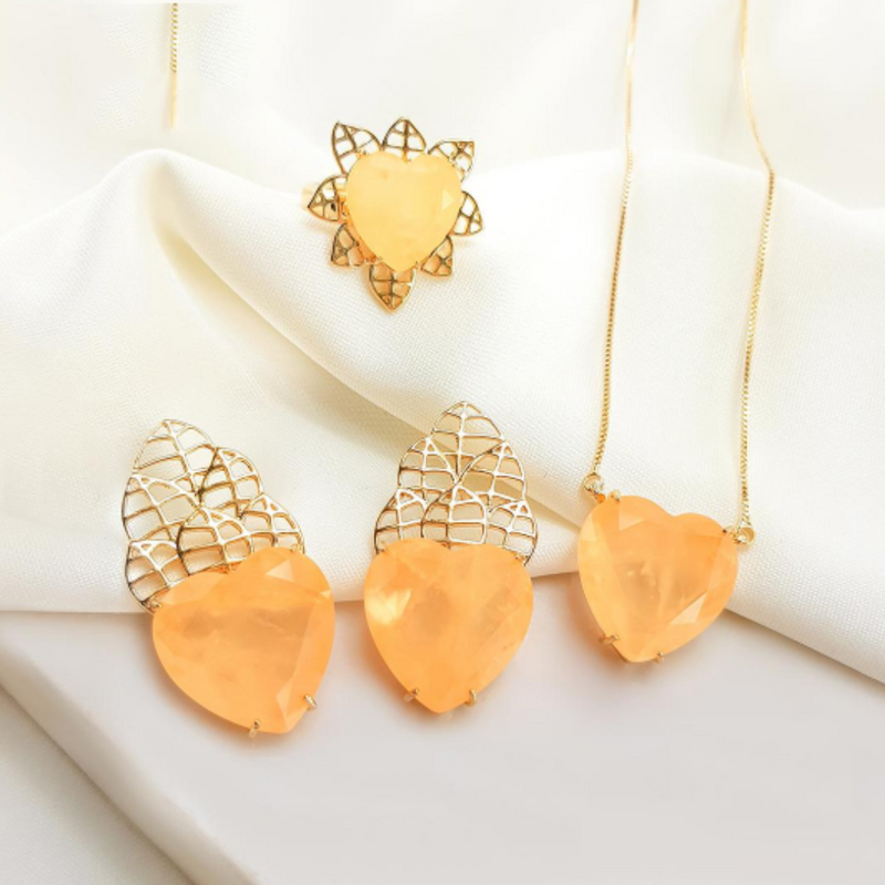 Conjunto Coração tom Âmbar Banhado a Ouro 18K