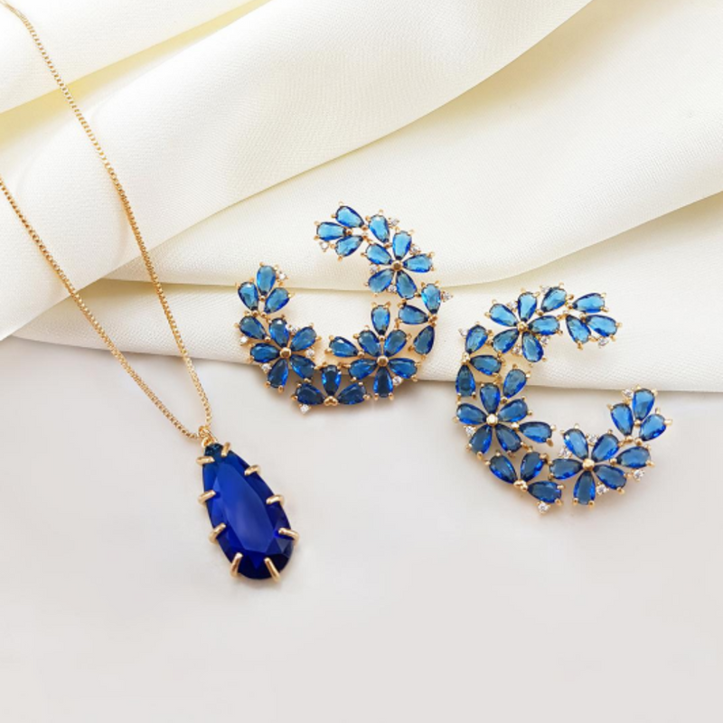 Conjunto Azul Flor de Safira Banhado a Ouro 18K