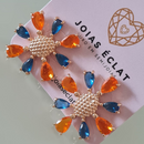 Conjunto Floral Banhado a Ouro com Pedras Laranja e Azuis