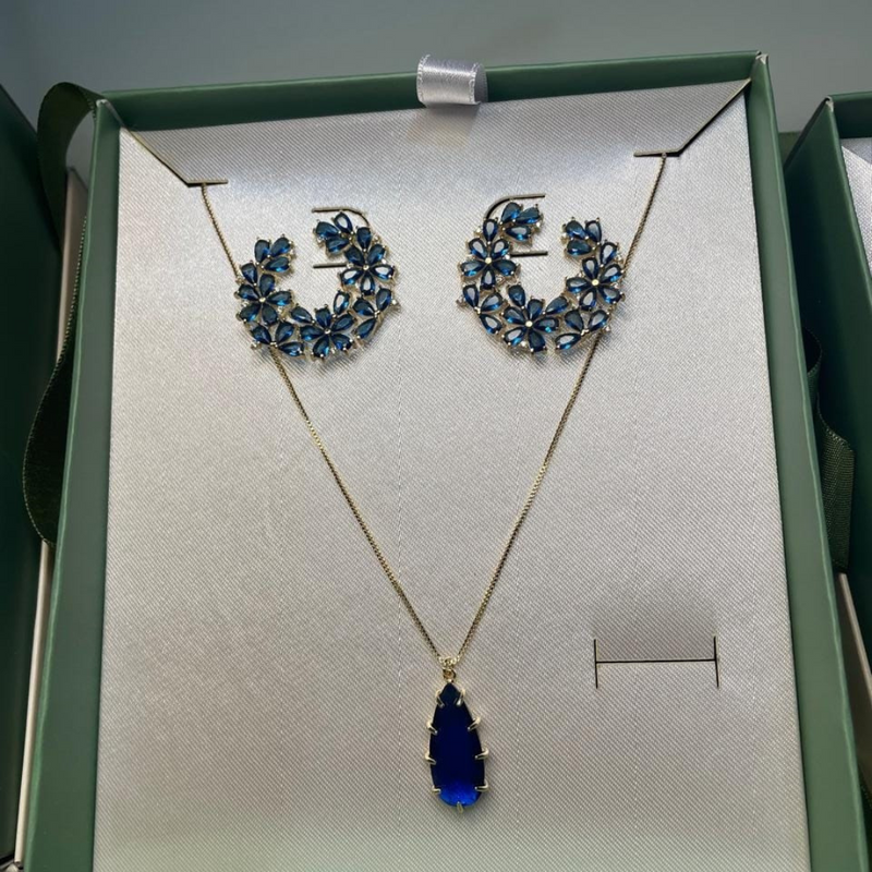 Conjunto Azul Flor de Safira Banhado a Ouro 18K