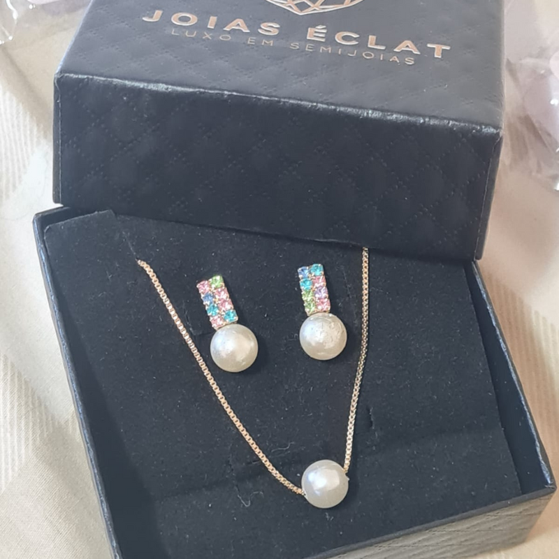 Brinco micro zircônias coloridas e pérola Banhado no Ouro 18K