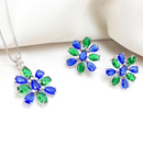 Conjunto de Joias Florais com Pedras Verdes e Azuis - Banhado em Ródio Branco